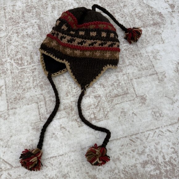 Wool Trapper Hat Knit Geometric Pattern Brown Red Lined Pom Pom Womens One Size - Picture 2 of 5
